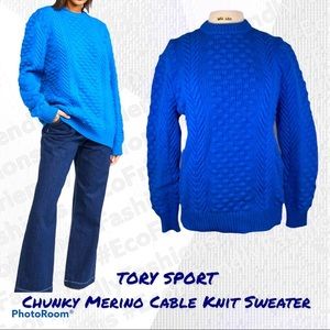 TORY SPORT Chunky Merino Cable Knit Sweater Blue
